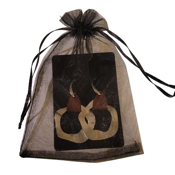 Modern Hammered Silver Tone & Brown Leather Drop Earrings Statement Boho Chic - Picture 7 of 9